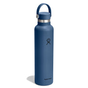 A blue Hydro Flask insulated water bottle with a matching blue lid and carry loop, featuring a silver metal band and the Hydro Flask logo, shown on a white background.