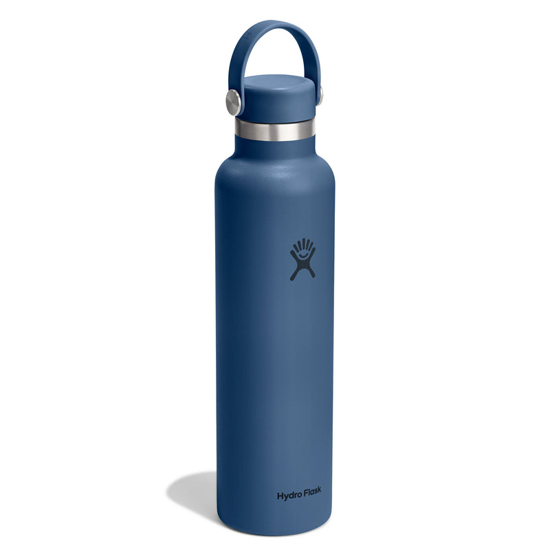 A blue Hydro Flask insulated water bottle with a matching blue lid and carry loop, featuring a silver metal band and the Hydro Flask logo, shown on a white background.