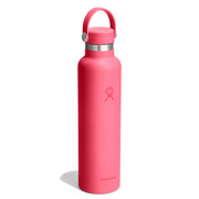 Pink water bottle with a silver cap on a white background