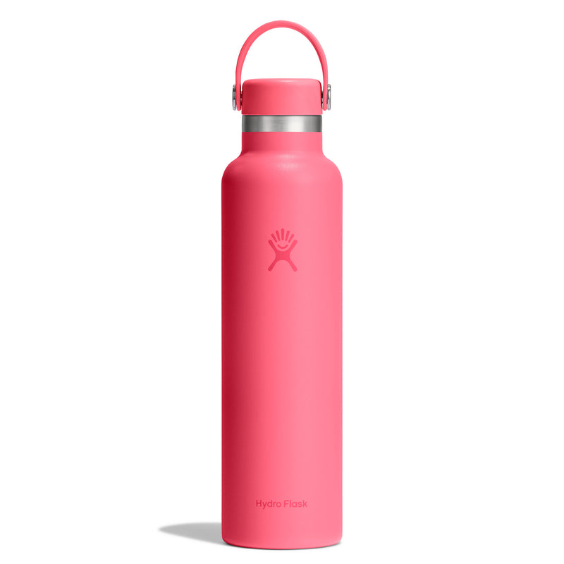 Pink water bottle with a silver cap on a white background