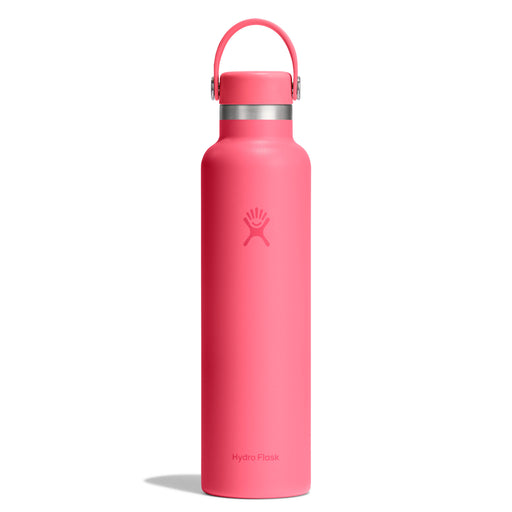Pink water bottle with a silver cap on a white background
