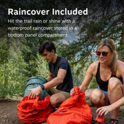 Two people covering their hiking backpacks with the included raincover, outdoors.