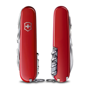 Front and back view of a Swiss Army multitool against a white background. 