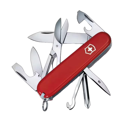 Red Swiss Army knife with multiple tools on a white background