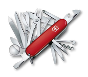 Side view of a red colored Swiss Army multitool showcasing all of the tools built in to it against a white background. 
