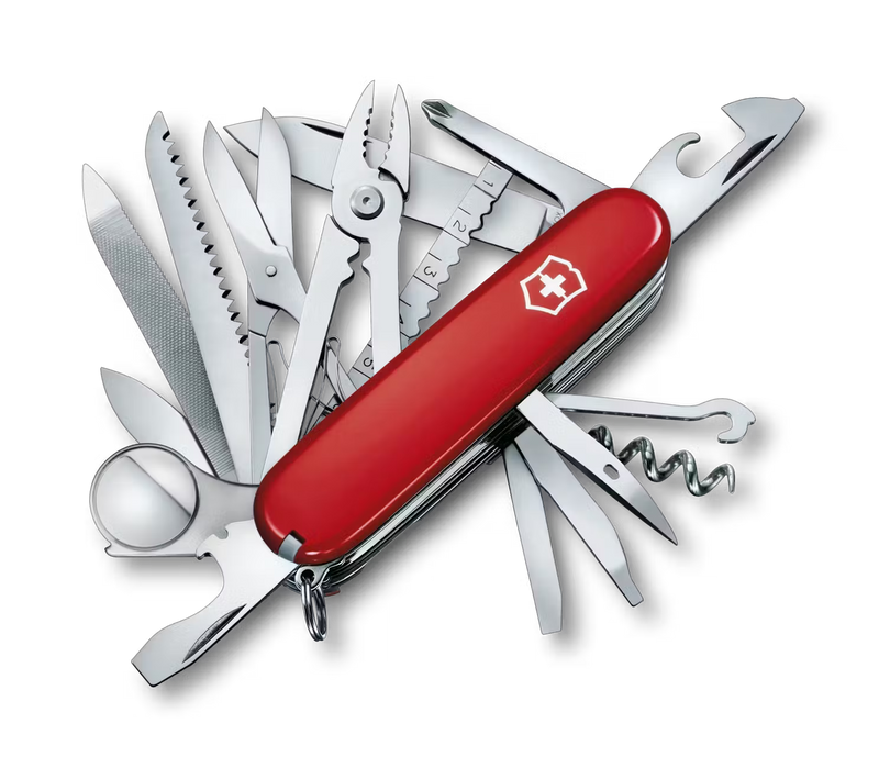 Side view of a red colored Swiss Army multitool showcasing all of the tools built in to it against a white background. 