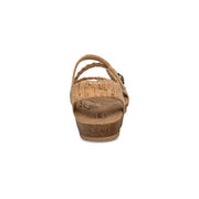 The back of a brown cork sandal on a white background