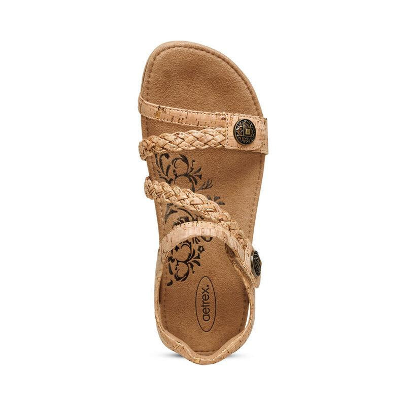 The top view of a brown cork sandal on a white background