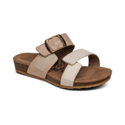 A brown cork sandal with 2 gray straps opened on a white background