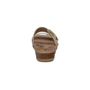 The back of a brown cork sandal with 2 gray straps on a white background