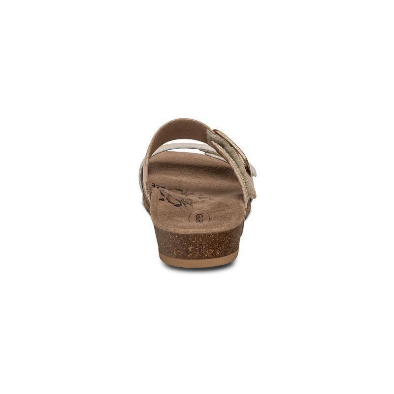 The back of a brown cork sandal with 2 gray straps on a white background