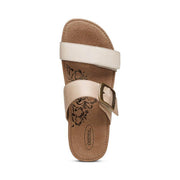 The top view of a brown cork sandal with 2 gray straps on a white background