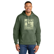Person wearing a green hoodie with a Kenco Outfitters Catskill Mountains graphic on the front
