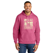Man wearing a pink hoodie with 'Catskill Mountains' design on a white background
