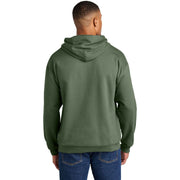 Person wearing a green hoodie on a white background