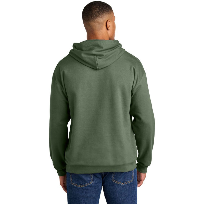 Person wearing a green hoodie on a white background
