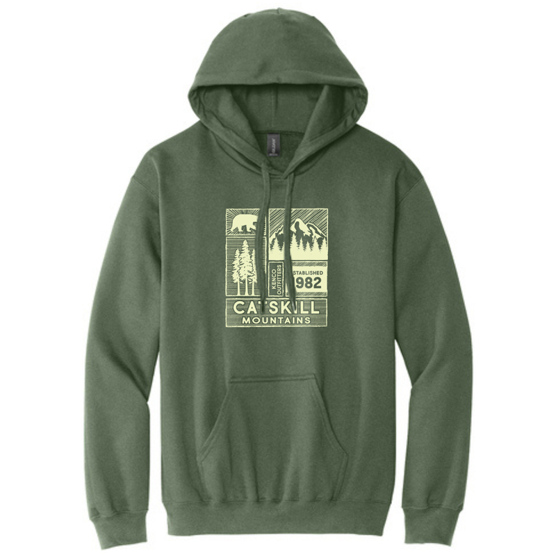 Green hoodie with 'Catskill Mountains' graphic on a white background