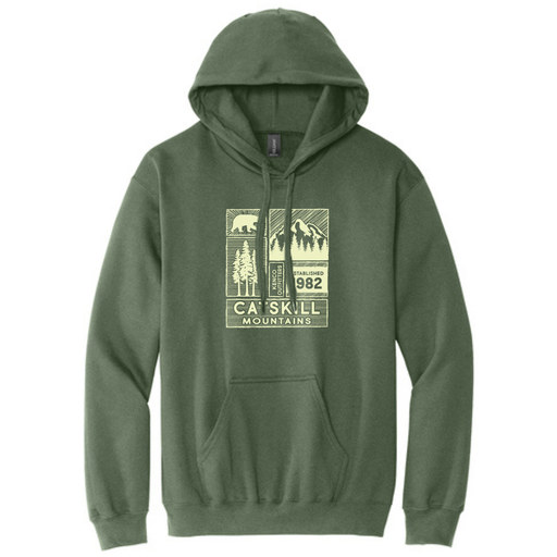 Green hoodie with 'Catskill Mountains' graphic on a white background