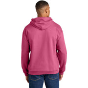 Person wearing a pink hoodie from behind on a white background