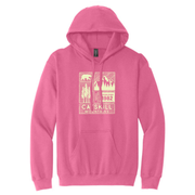 Pink hoodie with a graphic design on a white background