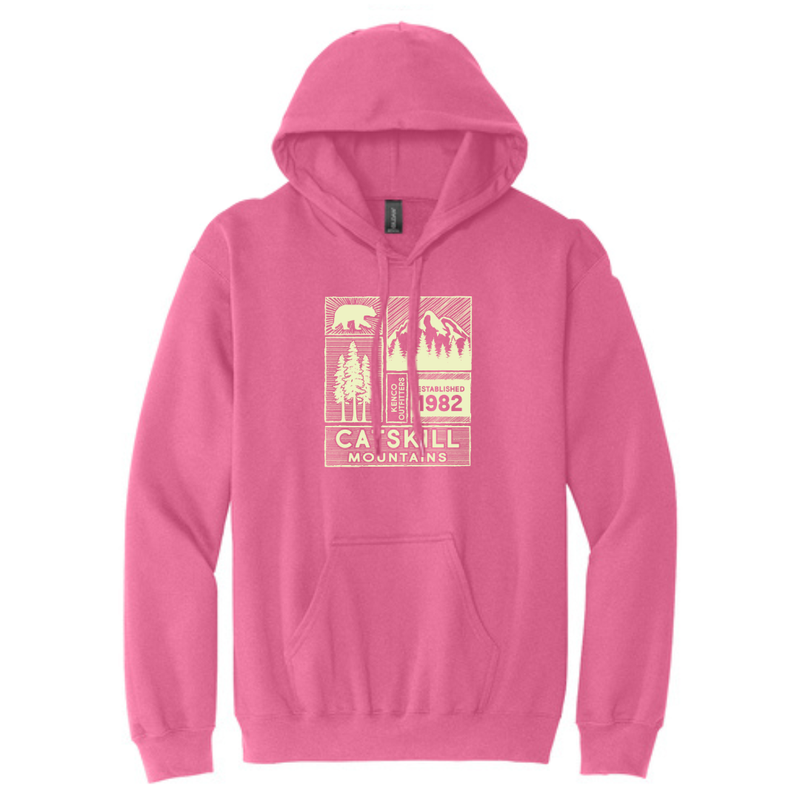 Pink hoodie with a graphic design on a white background
