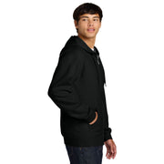 Person wearing a black hoodie on a white background