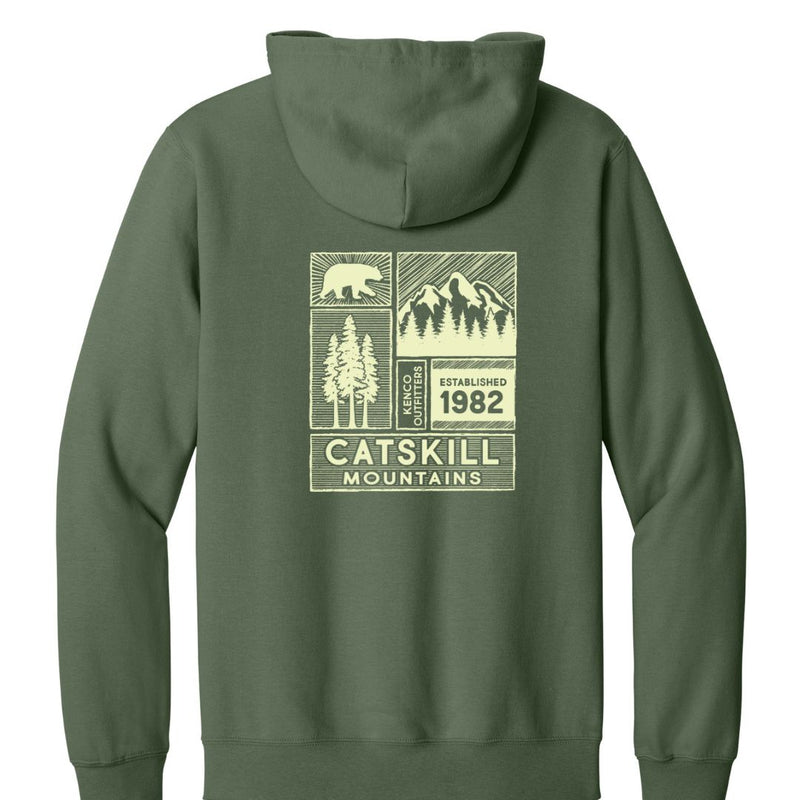 Green hoodie with 'Catskill Mountains' graphic on the back