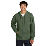 Person wearing a green hoodie on a white background