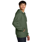 Person wearing a green hoodie on a white background