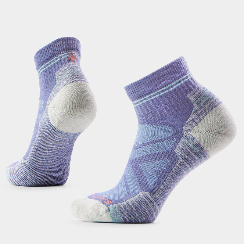 A pair of purple and white ankle socks on a white background