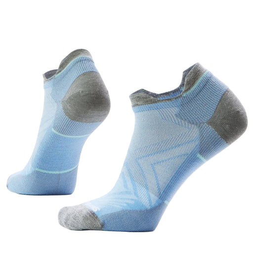 Pair of light blue socks with gray toes and heels on a white background