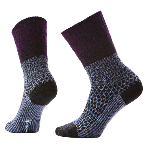 Pair of purple and gray patterned socks on a white background