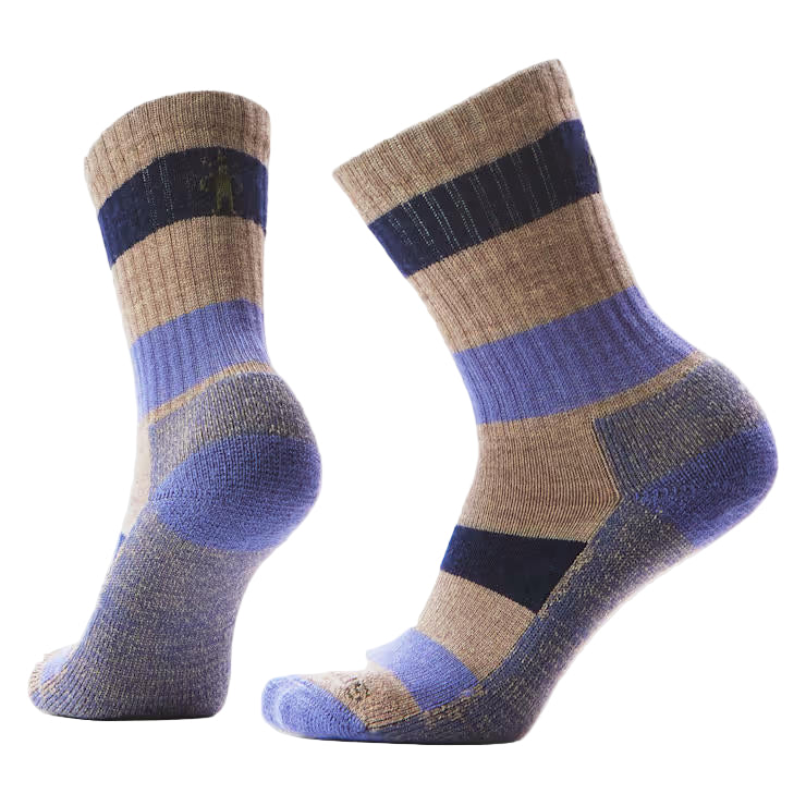 Pair of striped socks with blue and brown colors on a light gray background