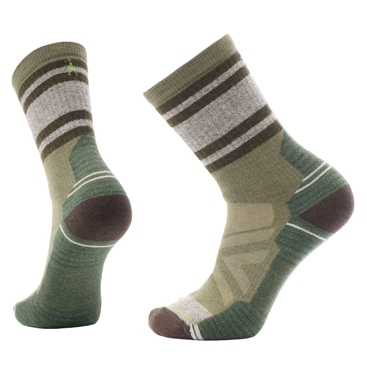 Pair of green and brown striped socks on a light gray background