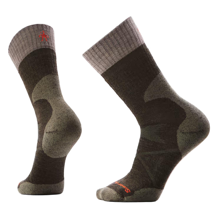 Pair of brown and gray socks with a red logo on a light gray background