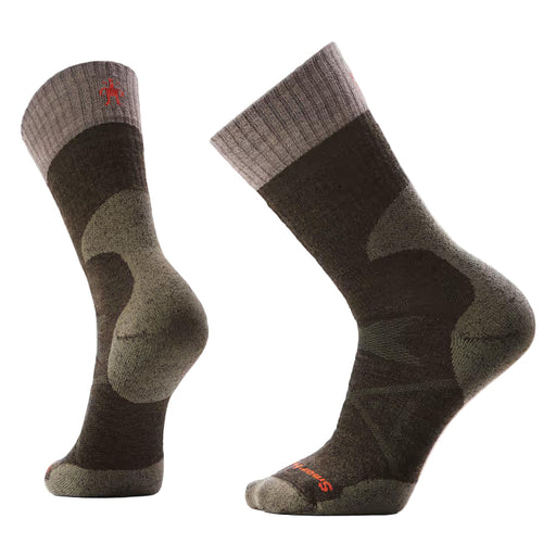 Pair of brown and gray socks with a red logo on a light gray background