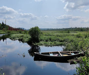 A black canoe sitting empty in a marsh with a scenic vista in the background.