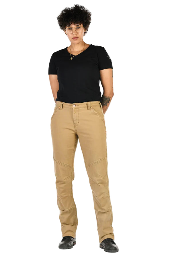 Person wearing a black t-shirt and beige pants on a white background