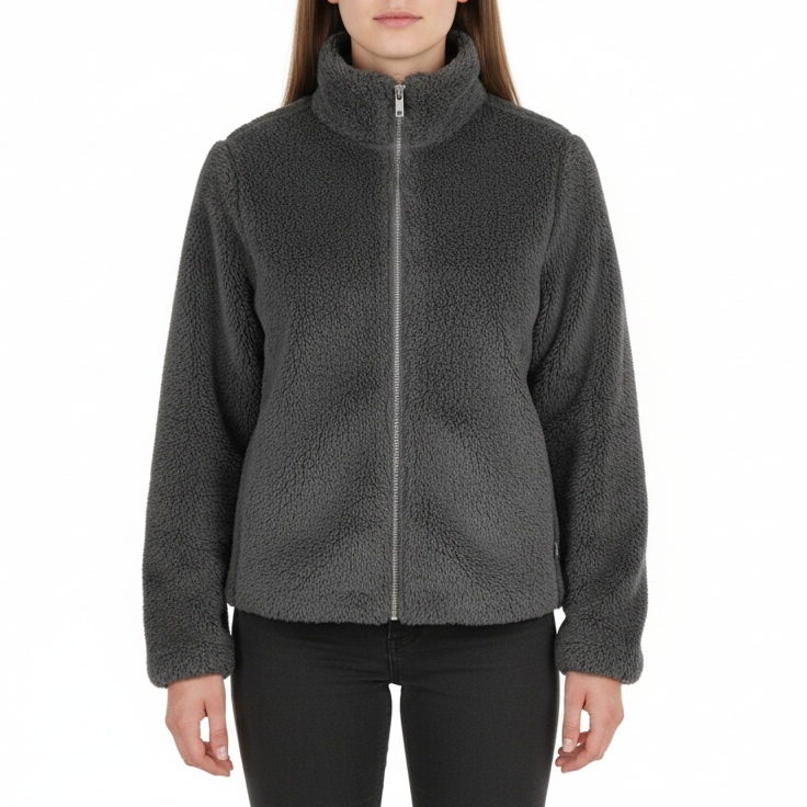 Woman wearing a black fleece jacket