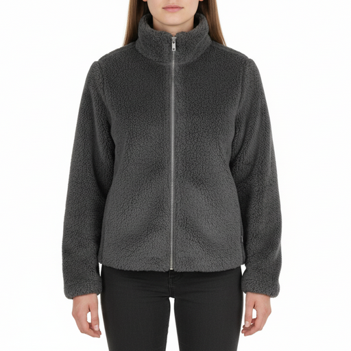 Woman wearing a black fleece jacket