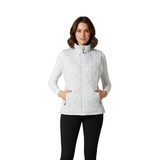 White floral vest worn by a woman with brown hair