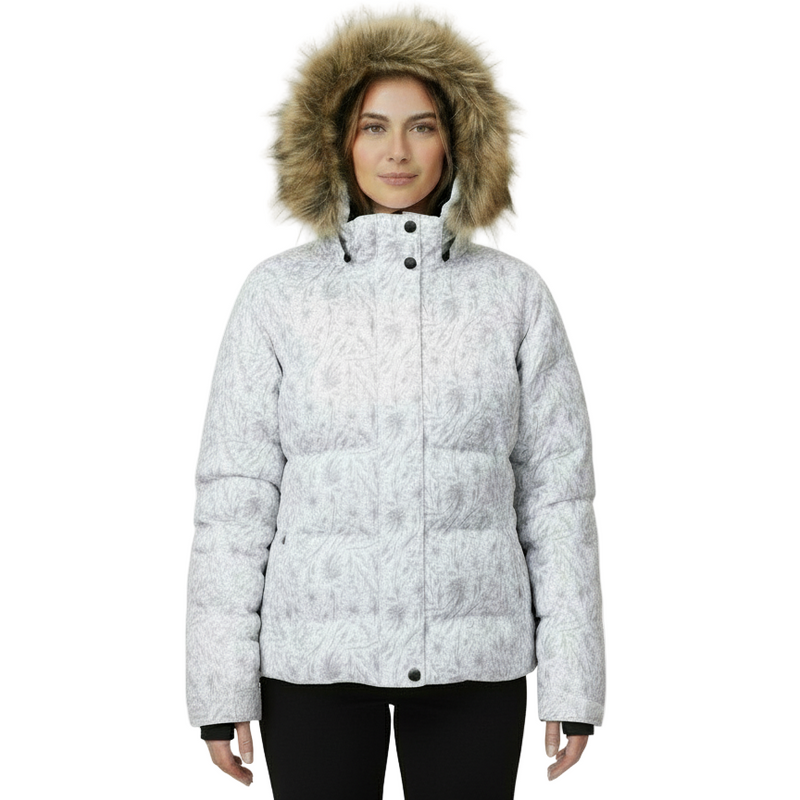 White winter jacket with fur hood on a white background