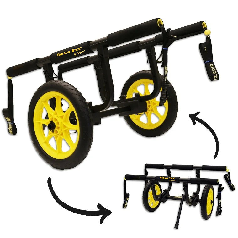 Black and yellow kayak cart with 'Bunker Bars' branding on a white background