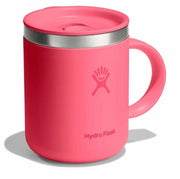 Side view of a pink travel mug with a Hydroflask logo on it on a white background.