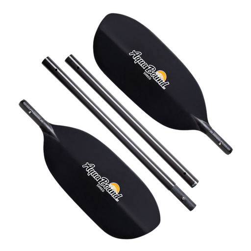 Two black kayak paddles with AquaBoid logo on a white background