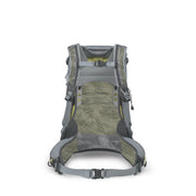 The back view of a technical hiking backpack, featuring a breathable mesh back panel in olive green and gray, padded shoulder straps, and adjustable buckles, shown against a plain white background.