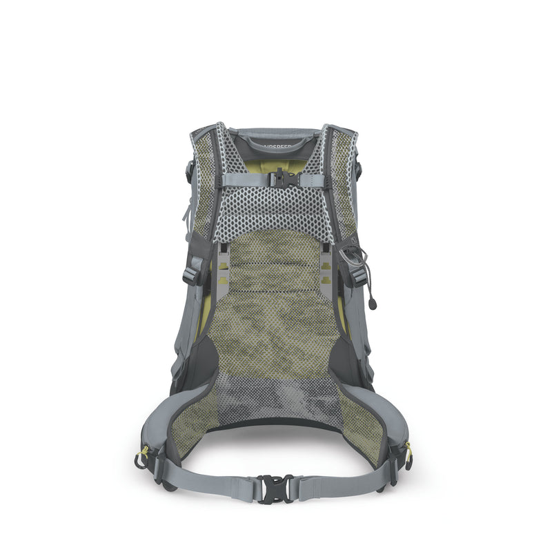 The back view of a technical hiking backpack, featuring a breathable mesh back panel in olive green and gray, padded shoulder straps, and adjustable buckles, shown against a plain white background.