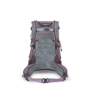 The back view of a hiking backpack in a dusty purple and gray colorway, featuring a breathable mesh back panel and padded shoulder straps, shown against a plain white background.