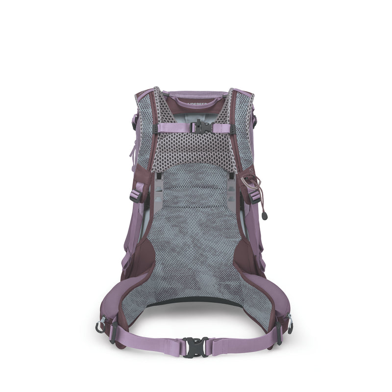 The back view of a hiking backpack in a dusty purple and gray colorway, featuring a breathable mesh back panel and padded shoulder straps, shown against a plain white background.