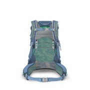 The rear view of a hiking backpack, showing a breathable mesh back panel in teal and gray, blue padded shoulder straps, and silver buckle details, set against a plain white background.
